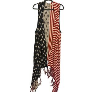 Unity World Wear American Flag Knit Vest Stars‎ Stripes Fringe Plus 3X Patriotic